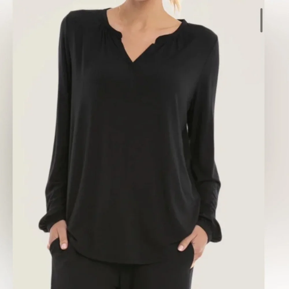 Barefoot Dreams Luxe Milk Jersey V-Neck‎ Long Sleeve Top Black XL blause